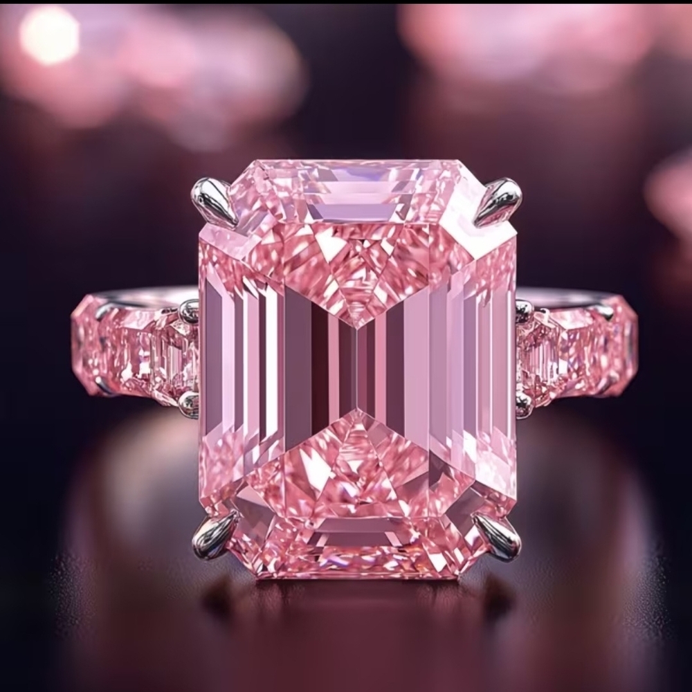 Pink Emerald-Cut Cocktail Ring with Pink Stones - Women Jewelry